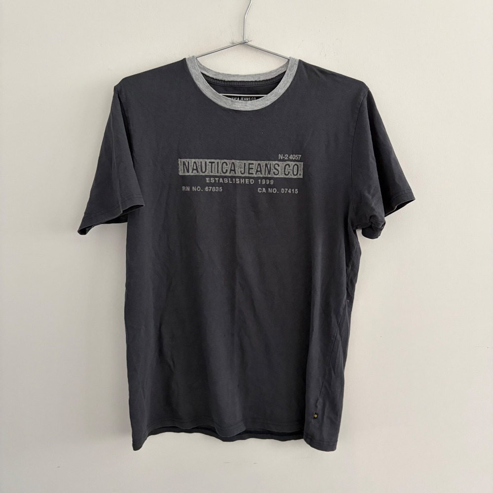 Nautica Jeans Co Mens Medium Gray Graphic Ringer T-Shirt